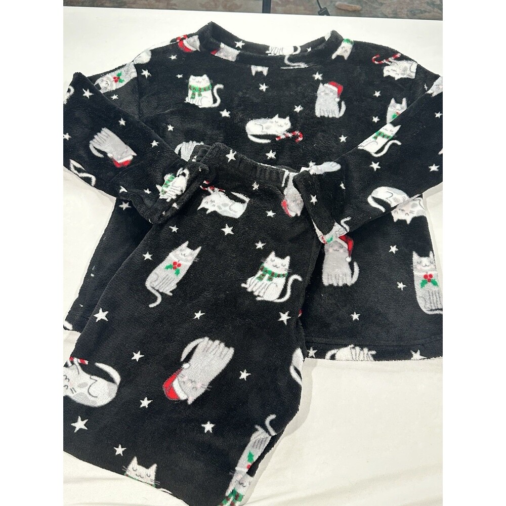 Joyspun Christmas Cat Pajama Set Womens Small 4-6 Black Holiday Lounge Sleepwear